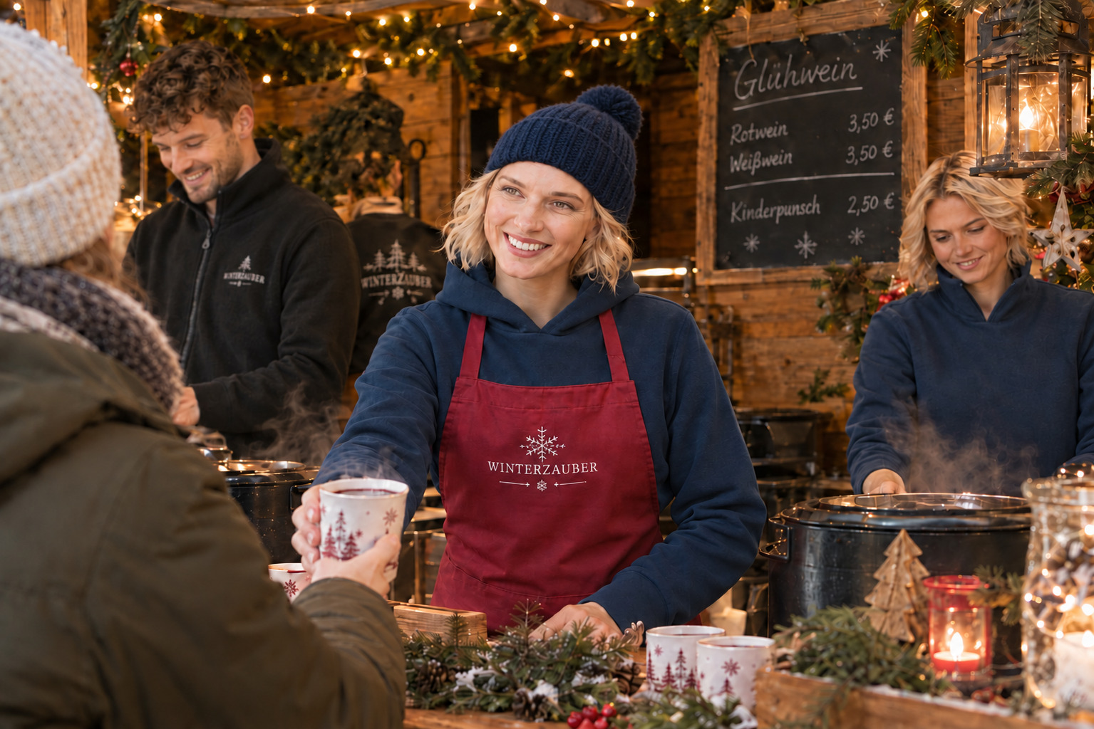 Weihnachtsmarkt, Winterfest, heißgetränk, Schürze, blaue Strickmütze